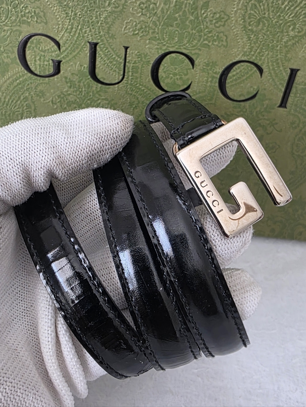 GUCCI Black Patent Leather G Buckle Men's Belt
